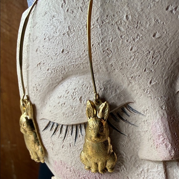 brass Rabbit Dangle Earrings - Picture 2 of 4